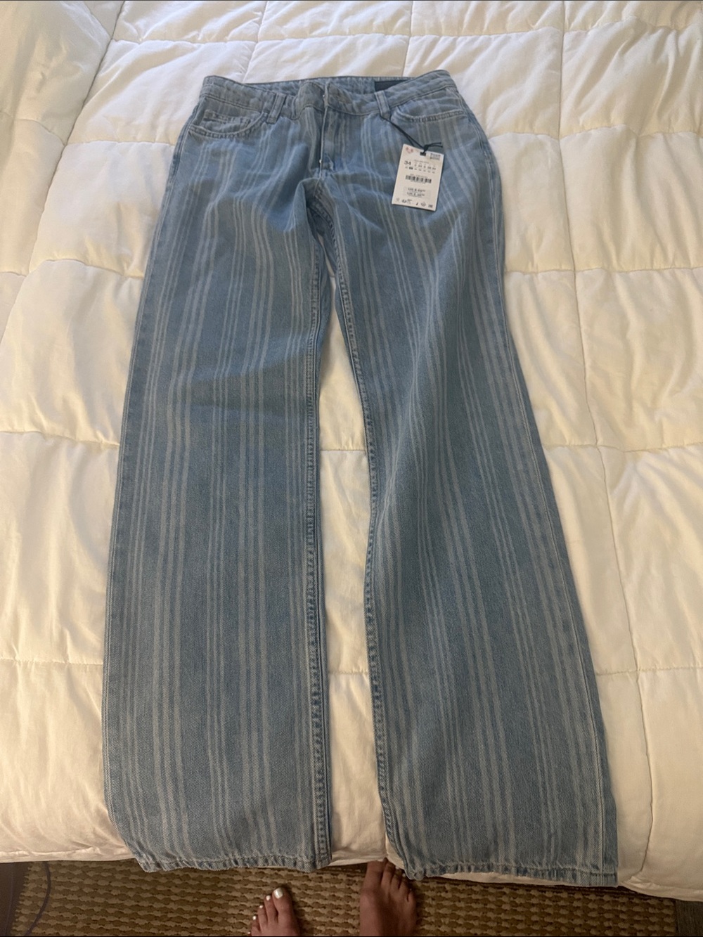 Zara Women's Light Blue Vertical-Striped Bootcut Jeans